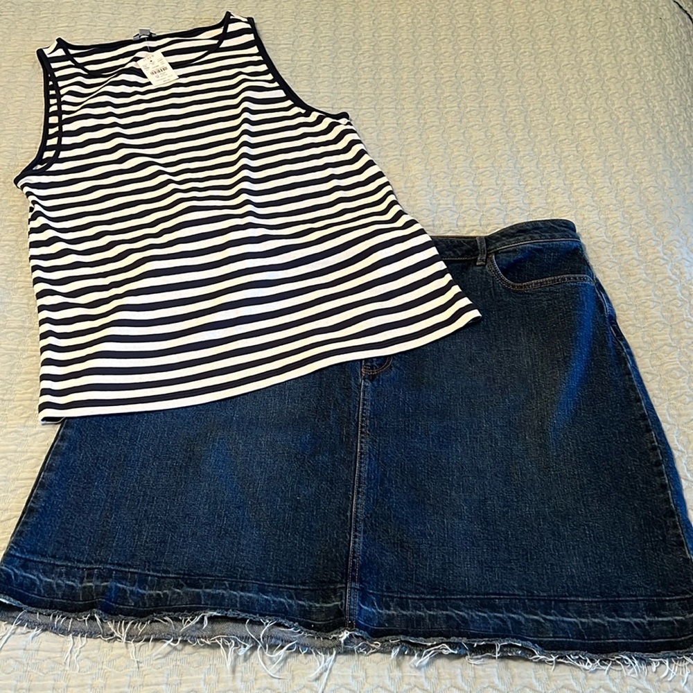 Ann Taylor denim jeans skirt, sz 18, dark denim w/ raw hem, summer classic!